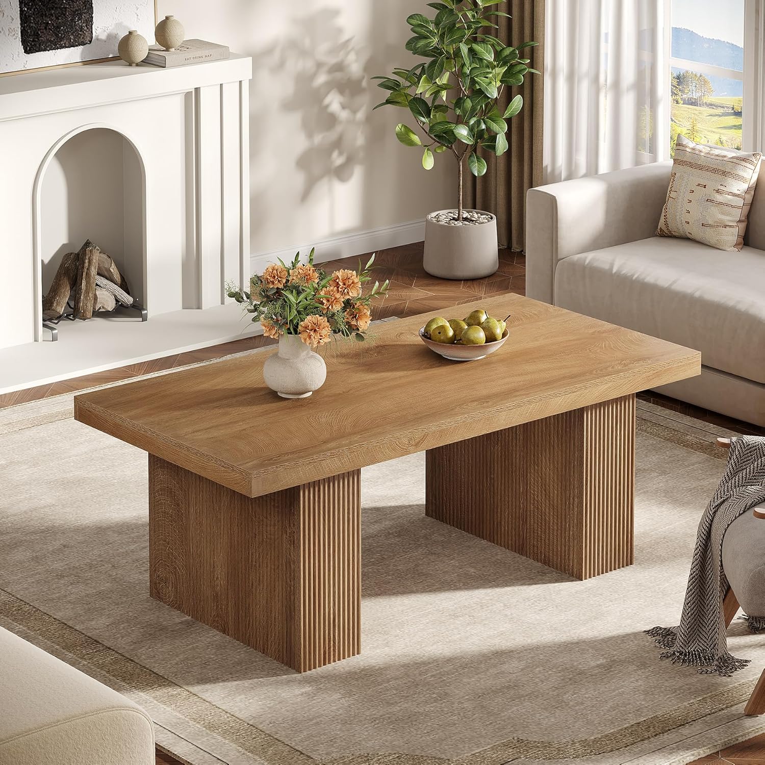 Tribesigns Farmhouse Coffee Table, 47.24 Inch Rectangle Center Table with Large Tabletop & Thick Base, Rustic Wooden Furniture for Living Room, Apartment, Reception Areas, Brown