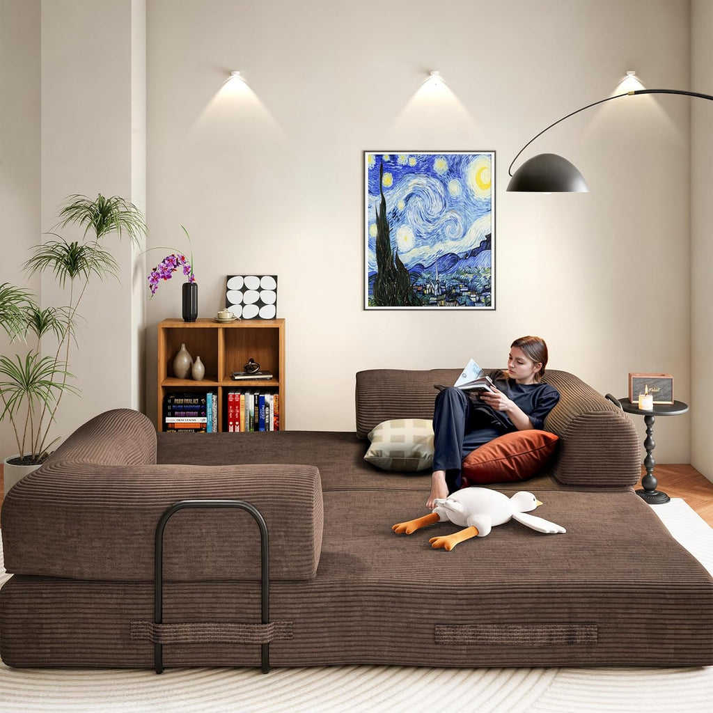 Convertible Sleeper Sofa Bed, 78" Corduroy Foldable Boneless Modular Couch, Memory Foam Compressed Sofa in A Box W/Plush Fabric Comfy Floor Lounge Couch for Living Room Apartment Bedroom, Brown