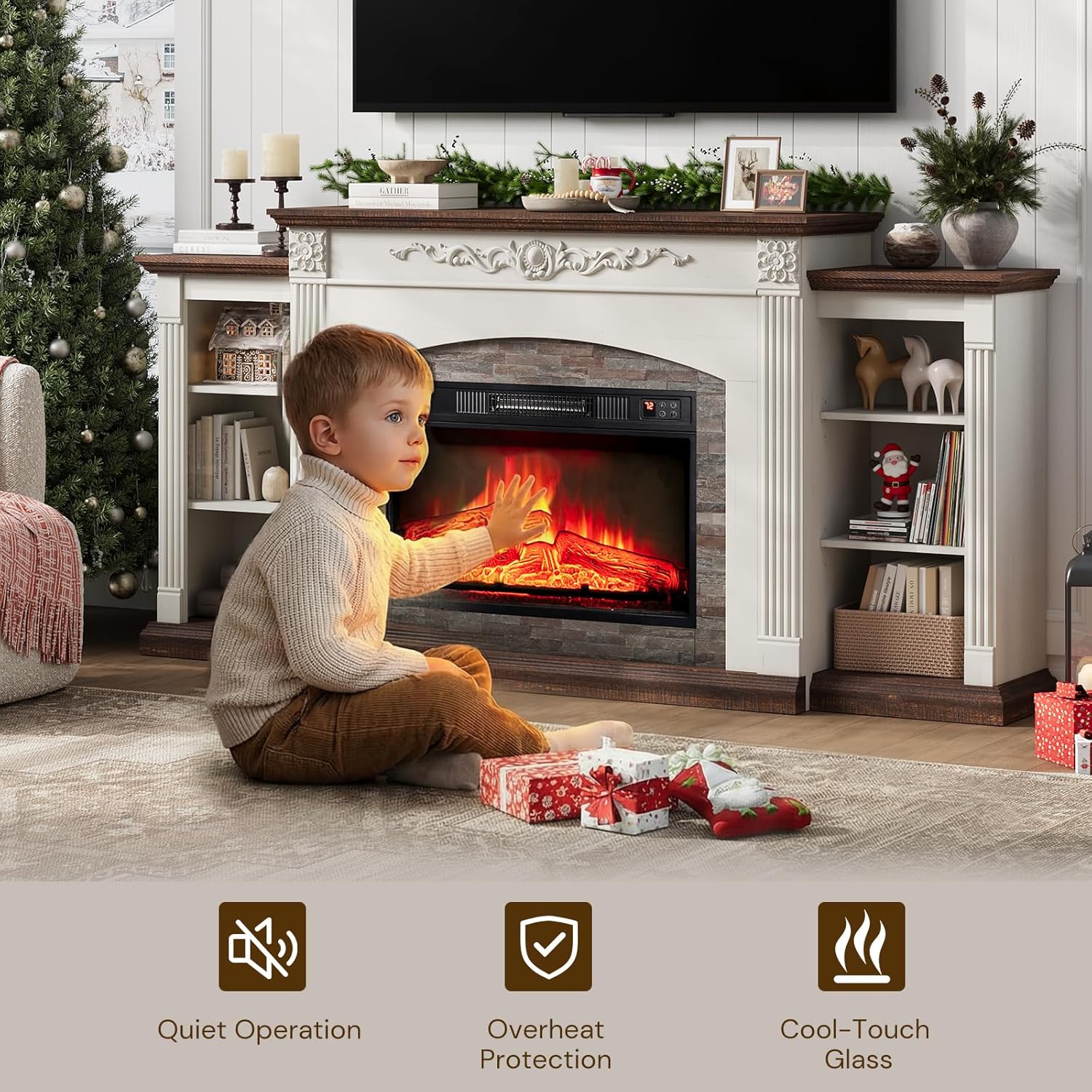 72" Electric Fireplace TV Stand for TVs Up to 85", Farmhouse Entertainment Center with Realistic Stacked Stone Surround, Freestanding Heater, Wooden Carved Mantel for Living Room, White