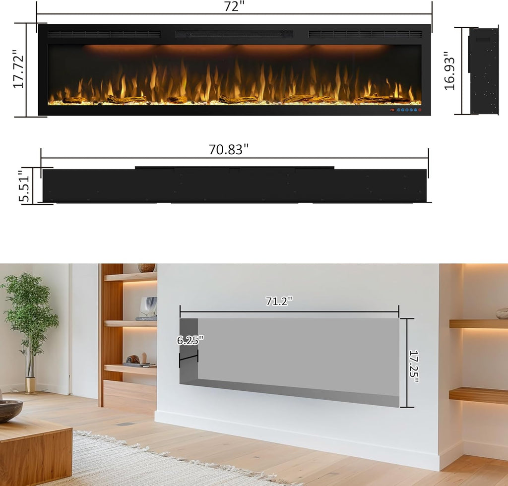 72 inches Electric Fireplace, Recessed and Wall Mounted Fireplace Heater and Linear Fireplace Inserts, Adjustable Heaing& Remote Control& Touchscreen, Multicolor Flame & Realistic logs,1500W, Black
