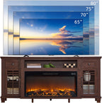70" Fireplace TV Stand with 36”Silent Electric Fireplace, Farmhouse Entertainment Center for TVs up to 80", 2 Drawers TV Console with Glass Door Cabinet, Walnut TVs Cabinet for Living Room