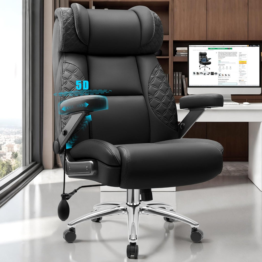 Big and Tall Office Chair, Desk Computer Chair for Heavy People, Oversized Executive Gaming Chair, Extra Wide 500LBS Ergonomic Comfy Office Chair with Adjustable Lumbar Support & 5D Flip Arms