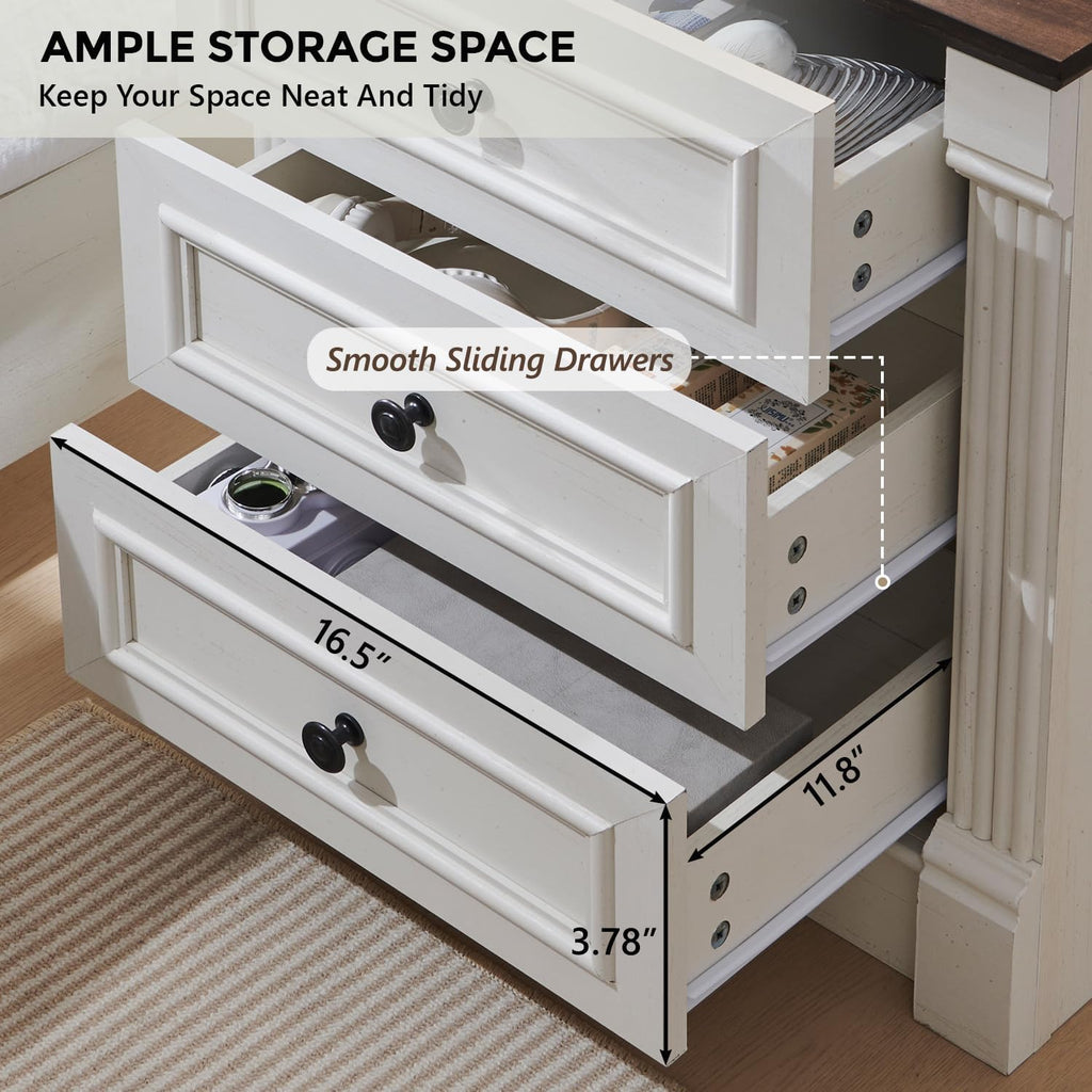 26" Tall Farmhouse Nightstand Set of 2, 3 Drawers End Table w/Charging Station, 23.6" Wide Large Side Table w/Roman Column, Wood Rustic Sofa Table for Bedroom, White