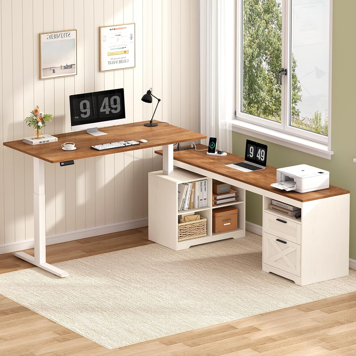 Farmhouse L Shaped Standing Desk, 66 inch Corner Electric Standing Desk with Drawers ＆ Storage Shelves, Height Adjustable Computer Desk with Power Outlets for Home Office, Antique White