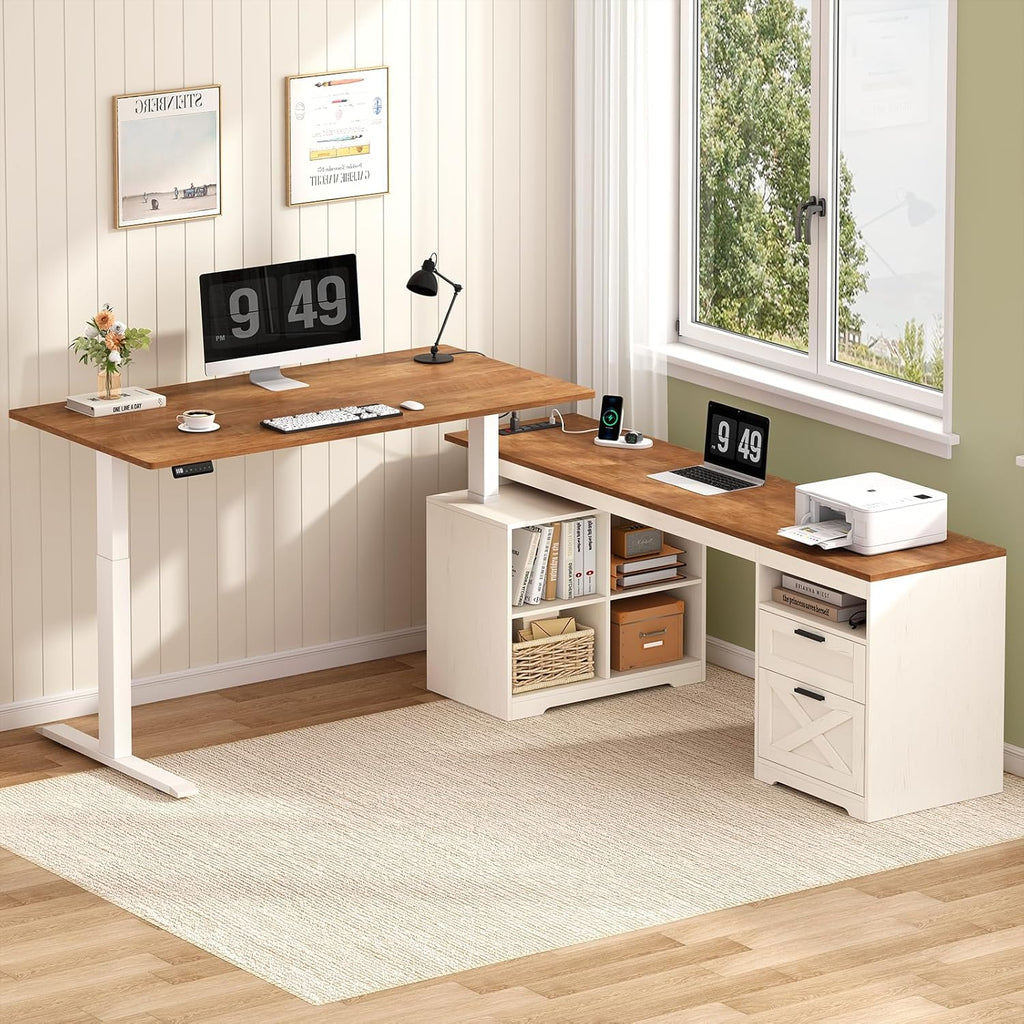 Farmhouse L Shaped Standing Desk, 66 inch Corner Electric Standing Desk with Drawers ＆ Storage Shelves, Height Adjustable Computer Desk with Power Outlets for Home Office, Antique White