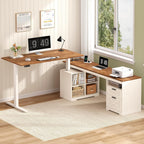 Farmhouse L Shaped Standing Desk, 66 inch Corner Electric Standing Desk with Drawers ＆ Storage Shelves, Height Adjustable Computer Desk with Power Outlets for Home Office, Antique White