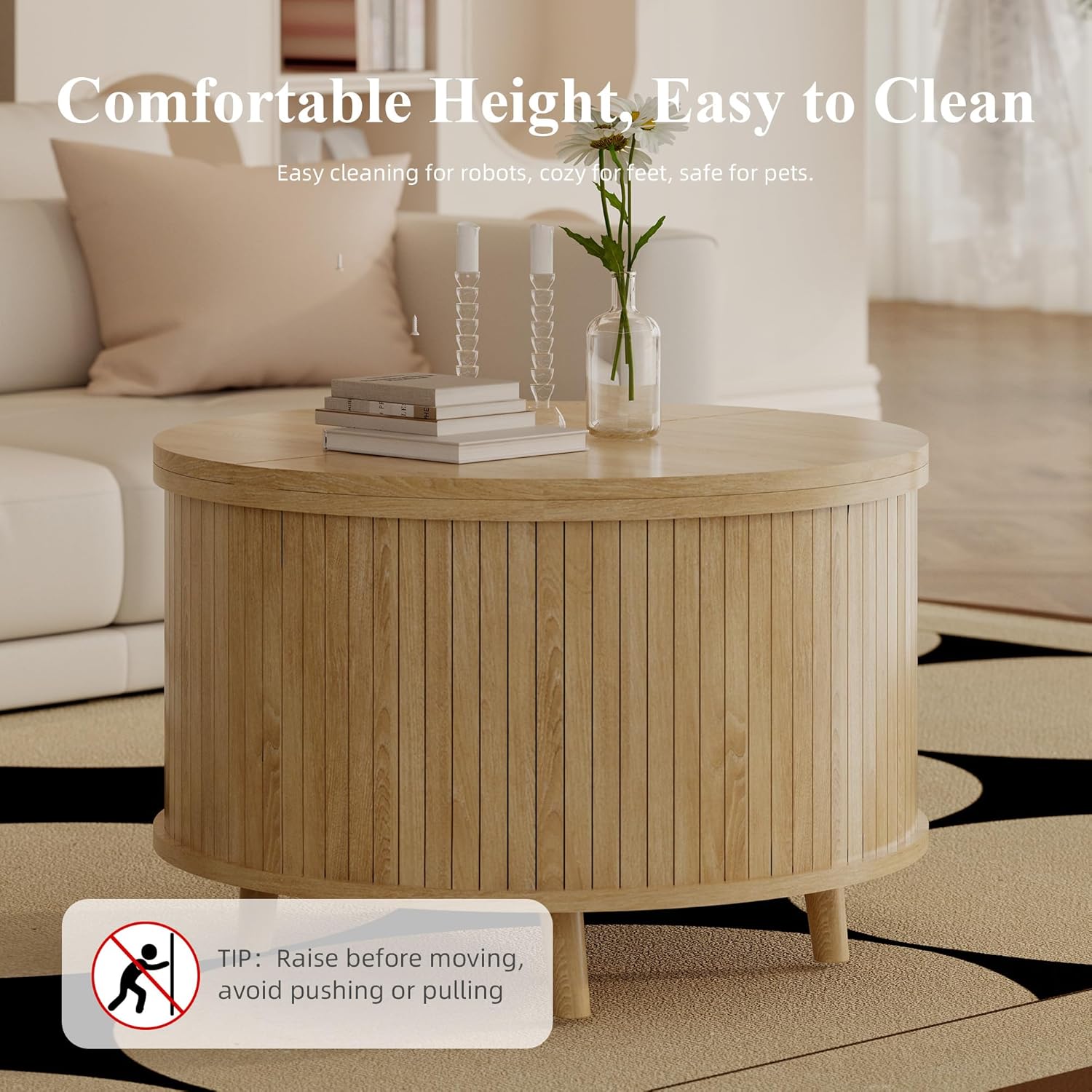 Easyego Fluted Round Coffee Table with Hidden Storage, 31.5" Mid-Century Modern Wood Drum Table for Living Room, Small Space Apartment Furniture, Natural