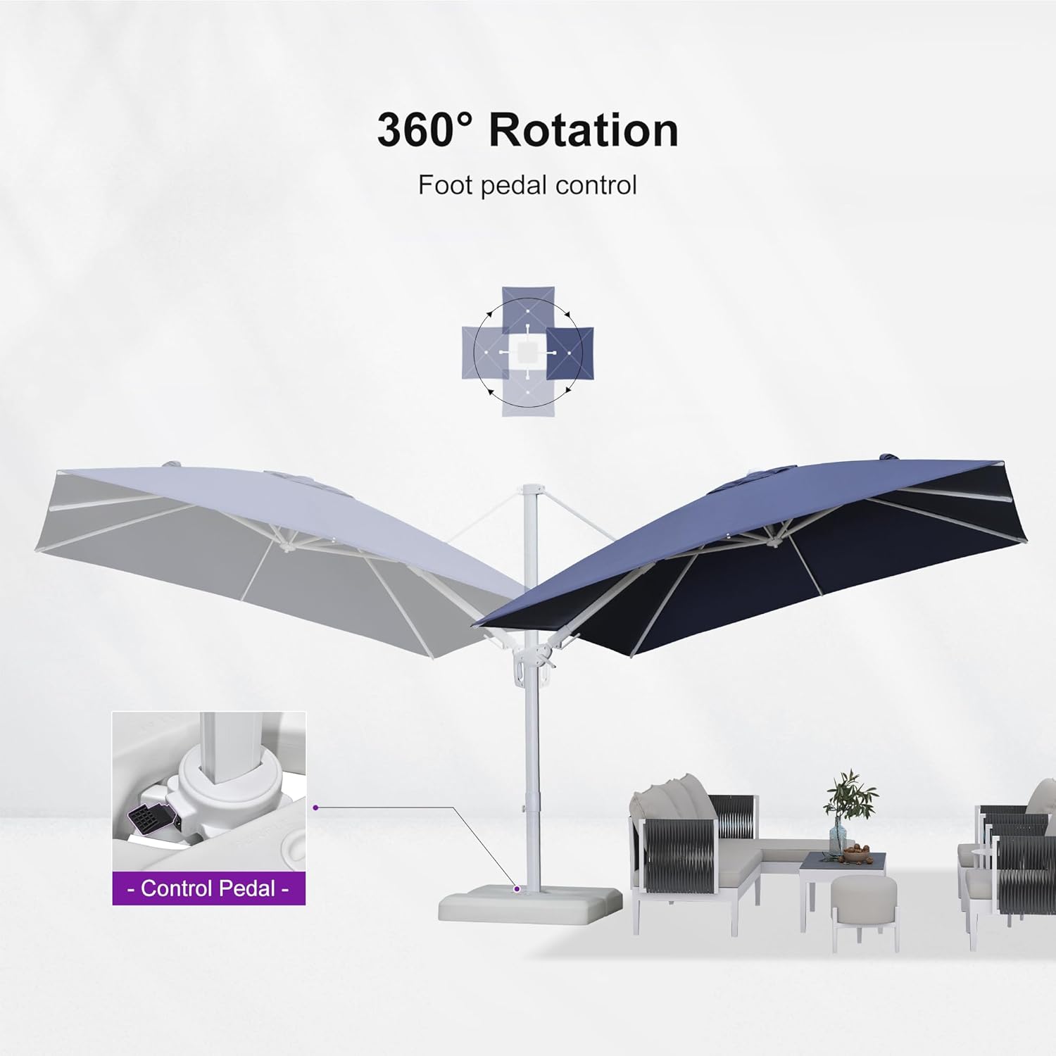 PURPLE LEAF 10 FT Right-left Tilt White Cantilever Umbrella with Base Patio Outdoor Swivel Umbrellas with Aluminum Tilt Offset Umbrella with 360° Rotation for Deck Pool, Navy Blue