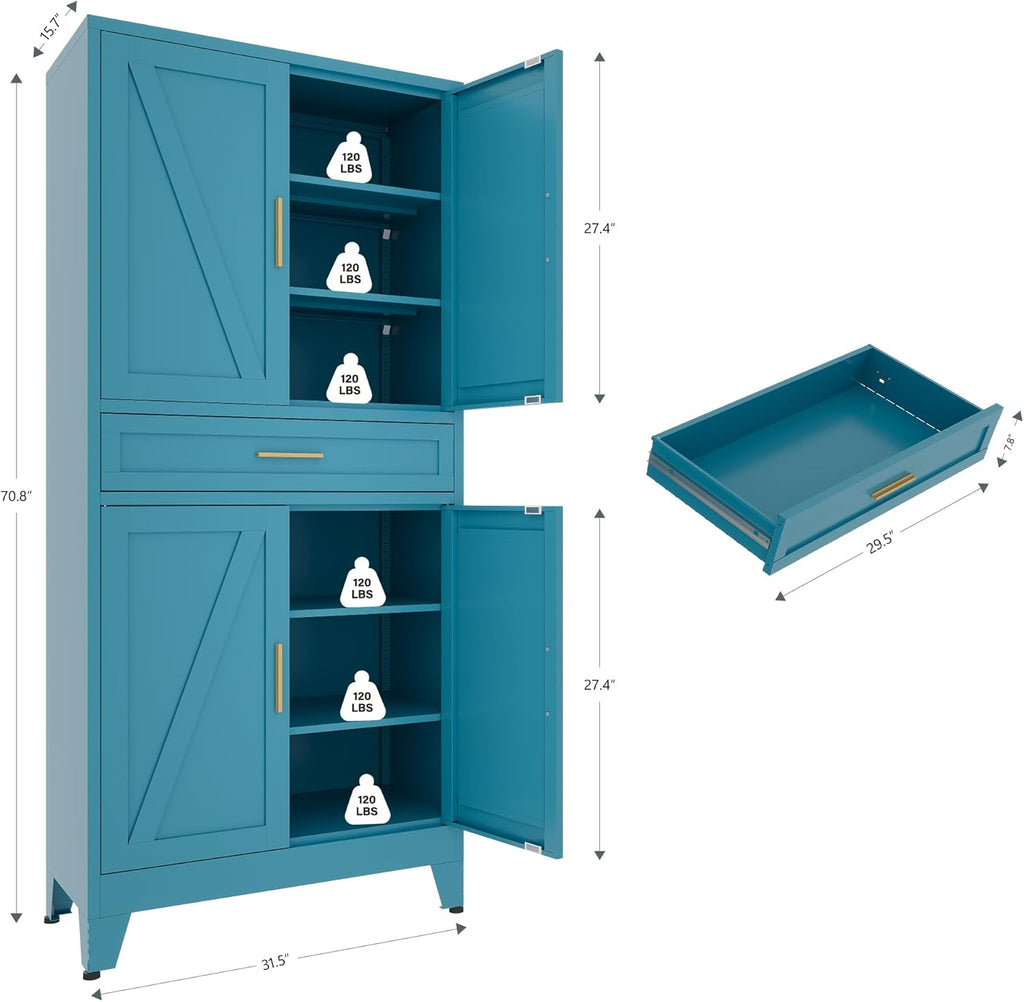 71 "Farmhouse Metal Filing Cabinet with a Drawer and 4 Adjustable Shelves, with 4 Large barn Door Blue Kitchen Cabinets, Metal Food Cabinets for Home, Kitchen, Dining/Living Room (Peacock Blue)