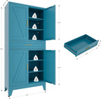 71 "Farmhouse Metal Filing Cabinet with a Drawer and 4 Adjustable Shelves, with 4 Large barn Door Blue Kitchen Cabinets, Metal Food Cabinets for Home, Kitchen, Dining/Living Room (Peacock Blue)