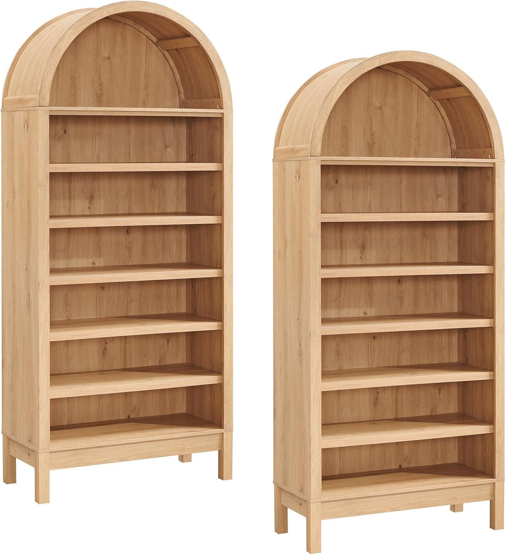 71" Tall Arched Bookshelf Set of 2, 7 Tiers Arch Bookcase with Storage, Modern Farmhouse Book Shelf with Adjustable Shelves, Wood Bookshelf w/Open Display Shelves for Living Room, Office, Natural
