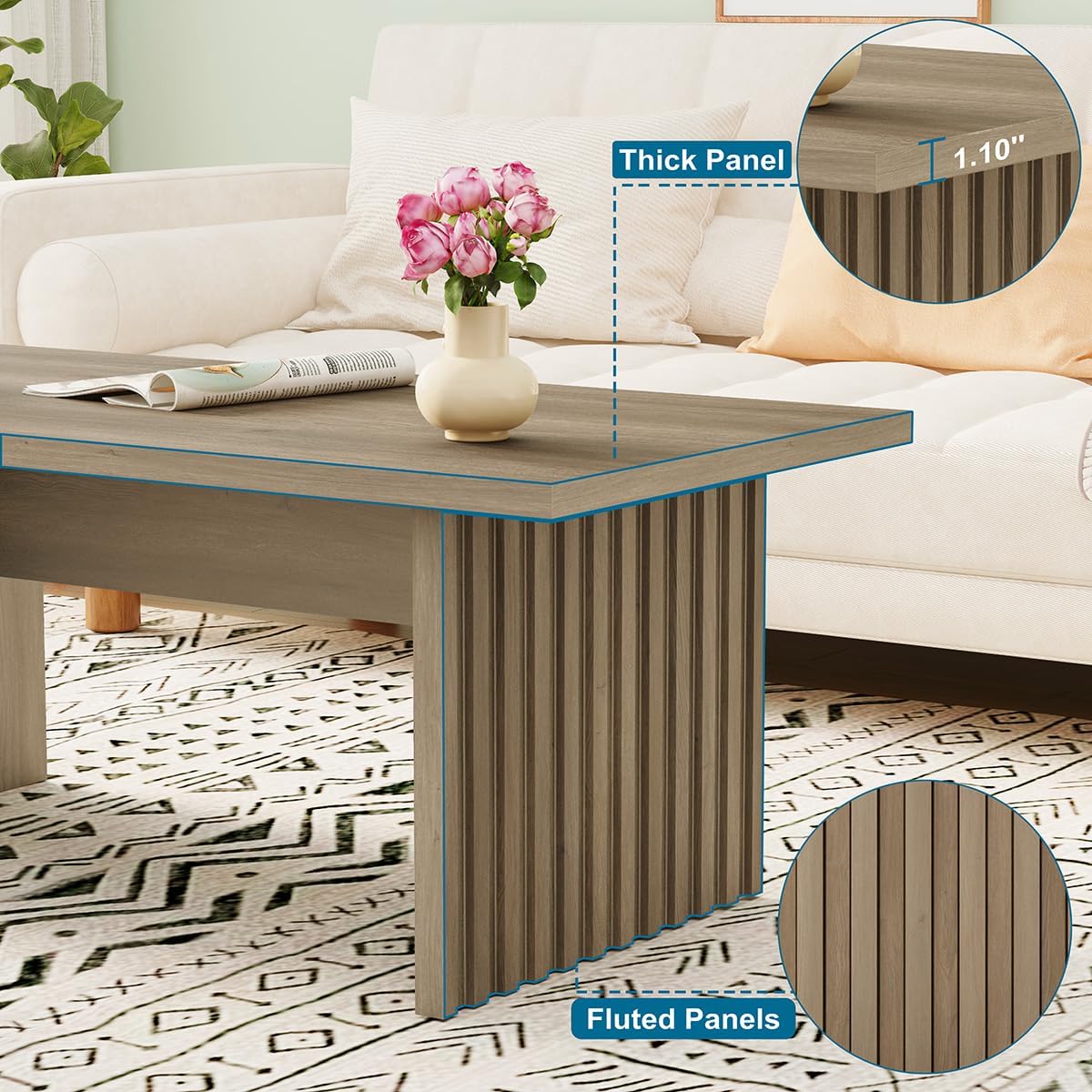 BON AUGURE Fluted Coffee Table, Wood Living Room Tables, Rectangle Coffee Tables for Living Room, Center Table for Home, Office (Greige Oak, 43Inch)