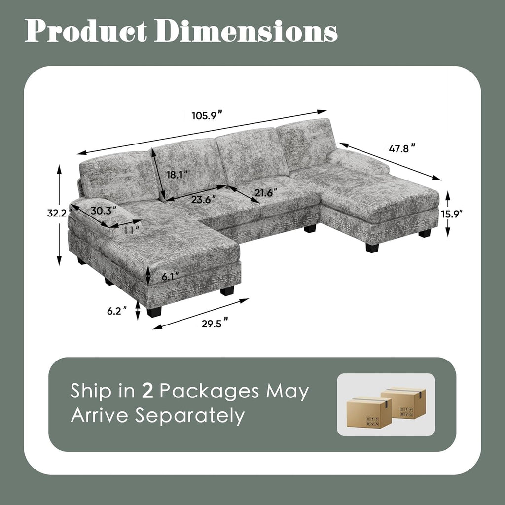 Furniwell Convertible Sectional Sofa Couch, 4 Seat Sofa Set for Living Room U-Shaped Modern Fabric Modular Sofa Sleeper with Double Chaise & Memory Foam (Fabric, Grey)