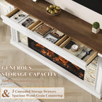 QUW 70" Fireplace TV Stand Up to 80" TVs, 42" Modern Electric Fireplace with Mantel, Farmhouse Entertainment Center with Concealed 3 Drawers for Living Room, Adjustable Brightness & Low Noise, White