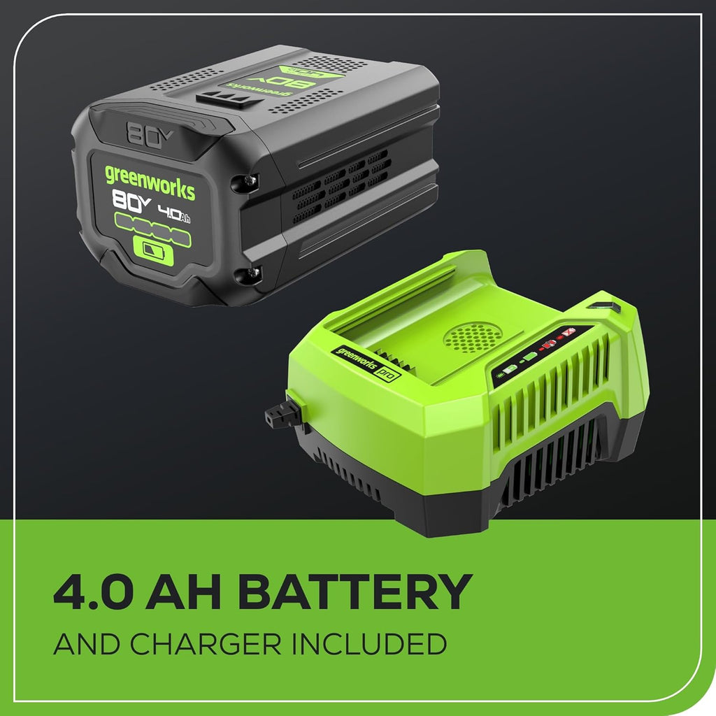Greenworks 80V 21” Brushless (Self-Propelled) Cordless Electric Lawn Mower + (580 CFM) Axial Leaf Blower (75+ Compatible Tools)  4.0Ah Battery and 60 Minute Rapid Charger  Green and Black