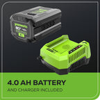 Greenworks 80V 21” Brushless (Self-Propelled) Cordless Electric Lawn Mower + (580 CFM) Axial Leaf Blower (75+ Compatible Tools)  4.0Ah Battery and 60 Minute Rapid Charger  Green and Black