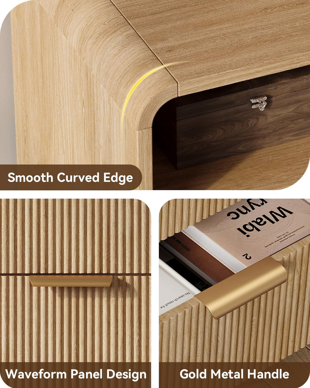 24" Fluted Nightstand Set of 2 with Charging Station, Bedside Table with Metal Handle, NightStand with 2 Drawer and Shelf, End Table for Bedroom, Curved Profile, Natural Oak