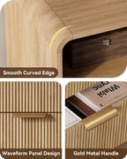 24" Fluted Nightstand Set of 2 with Charging Station, Bedside Table with Metal Handle, NightStand with 2 Drawer and Shelf, End Table for Bedroom, Curved Profile, Natural Oak