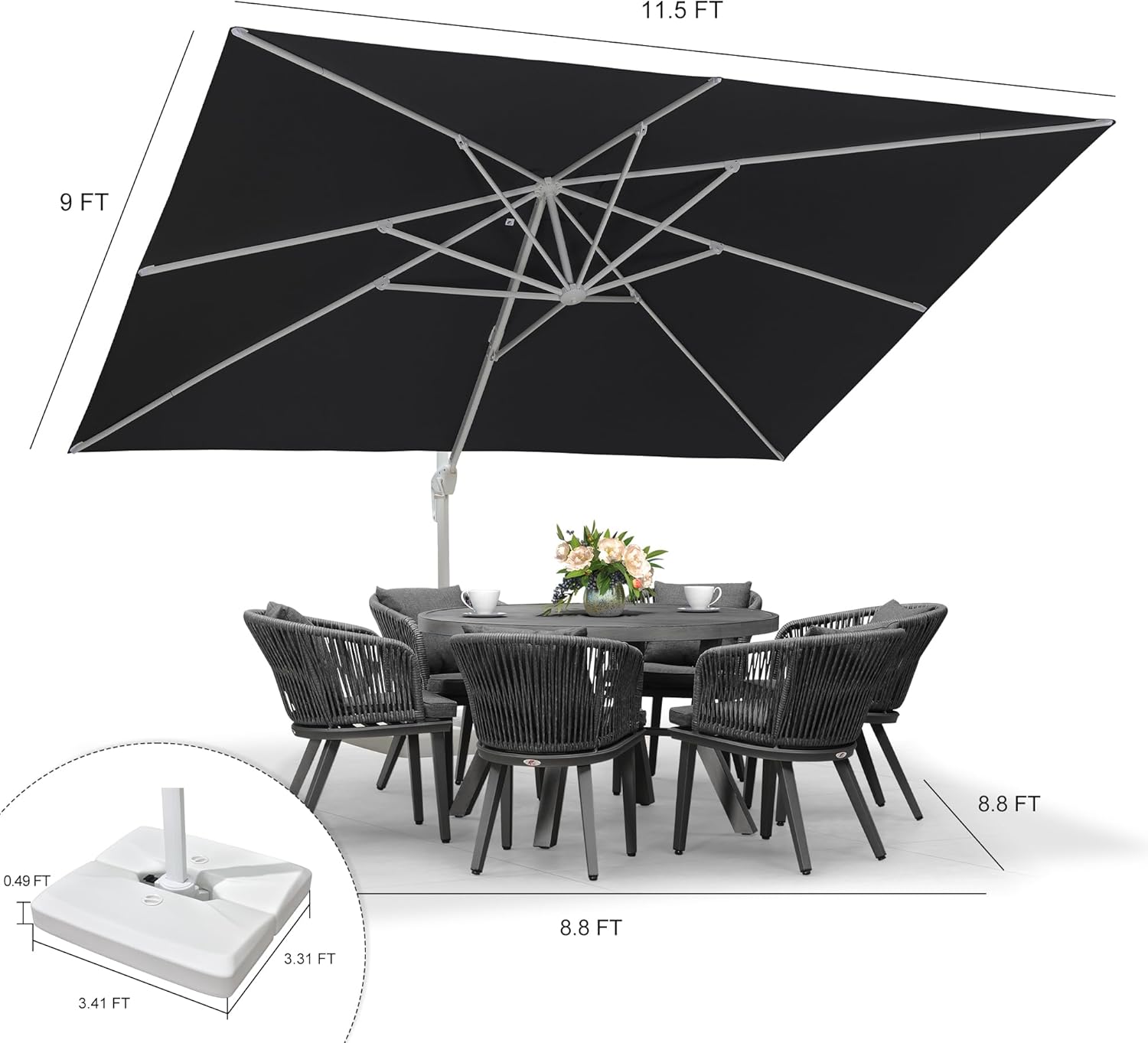 PURPLE LEAF 10' × 13' Patio Umbrella With Base White Cantilever Umbrella Square Outdoor Offset Umbrella Windproof with 360° Rotation for Garden Deck Pool, Navy Blue
