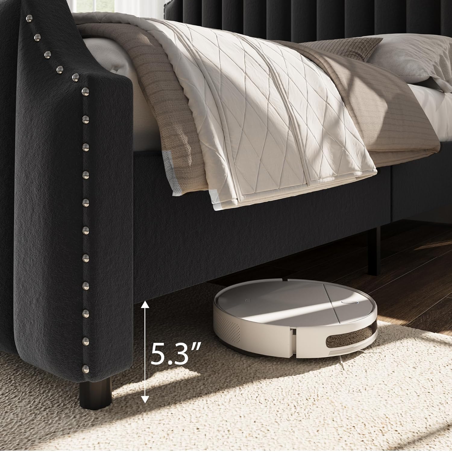 GarveeHome Queen Size Platform Bed Frame with 50.2 in Tall Headboard, Velvet Upholstered Bed Frame Queen with Vertical Channel Tufted Headboard & Footboard, Nailhead Trim, No Box Spring Needed, Black