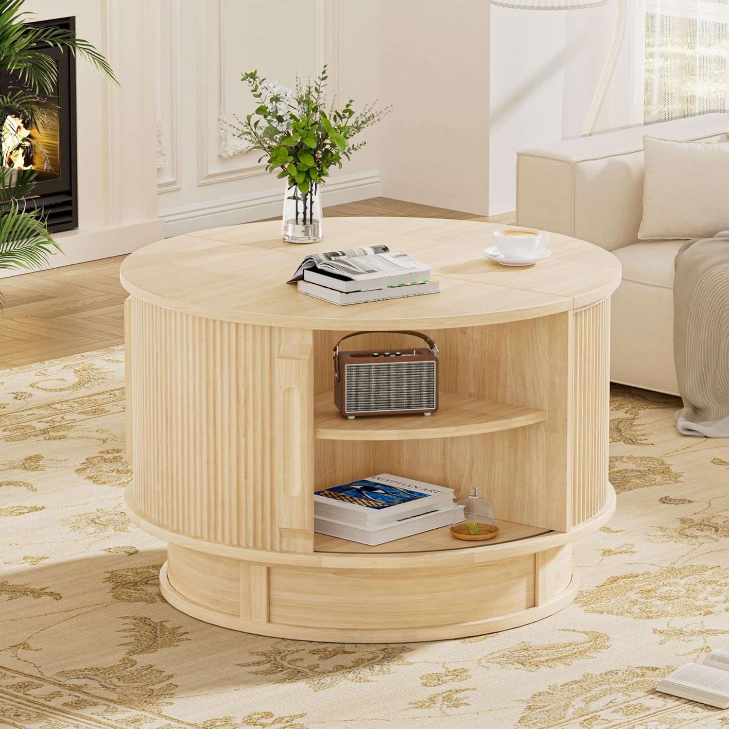 31.5" Round Fluted Coffee Table with Hidden Storage, Modern Wood Coffee Table with Flip-Up Hinged Tabletop, Divided Compartments and Rotating Base for Living Room & Apartment (Natural Wood)