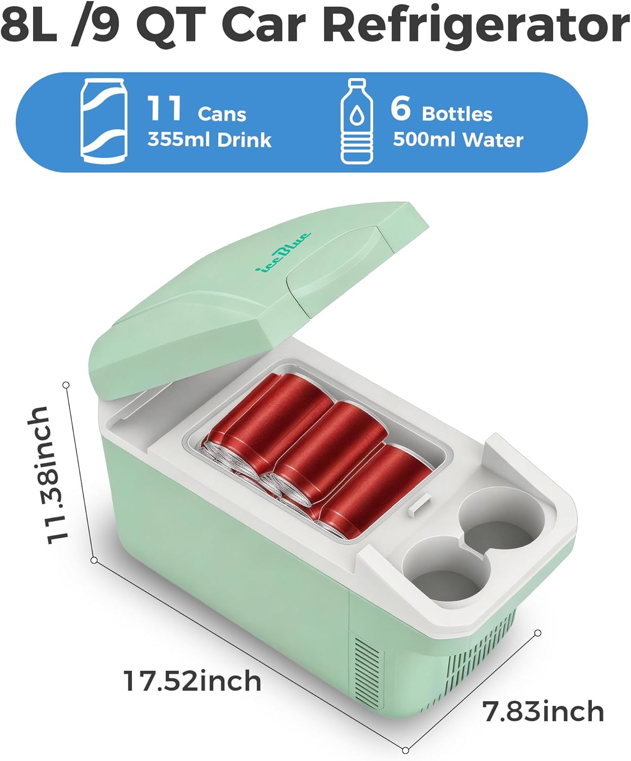 Iceblue Electric Cooler with Type-C, 8 Liter /11 Cans Mini Fridge with Belt, 9V Type-C Thermoelectric Dual-use Car Refrigerator, Car Fridge for Car, Dorm, Travel, Picnic, Gift - Green