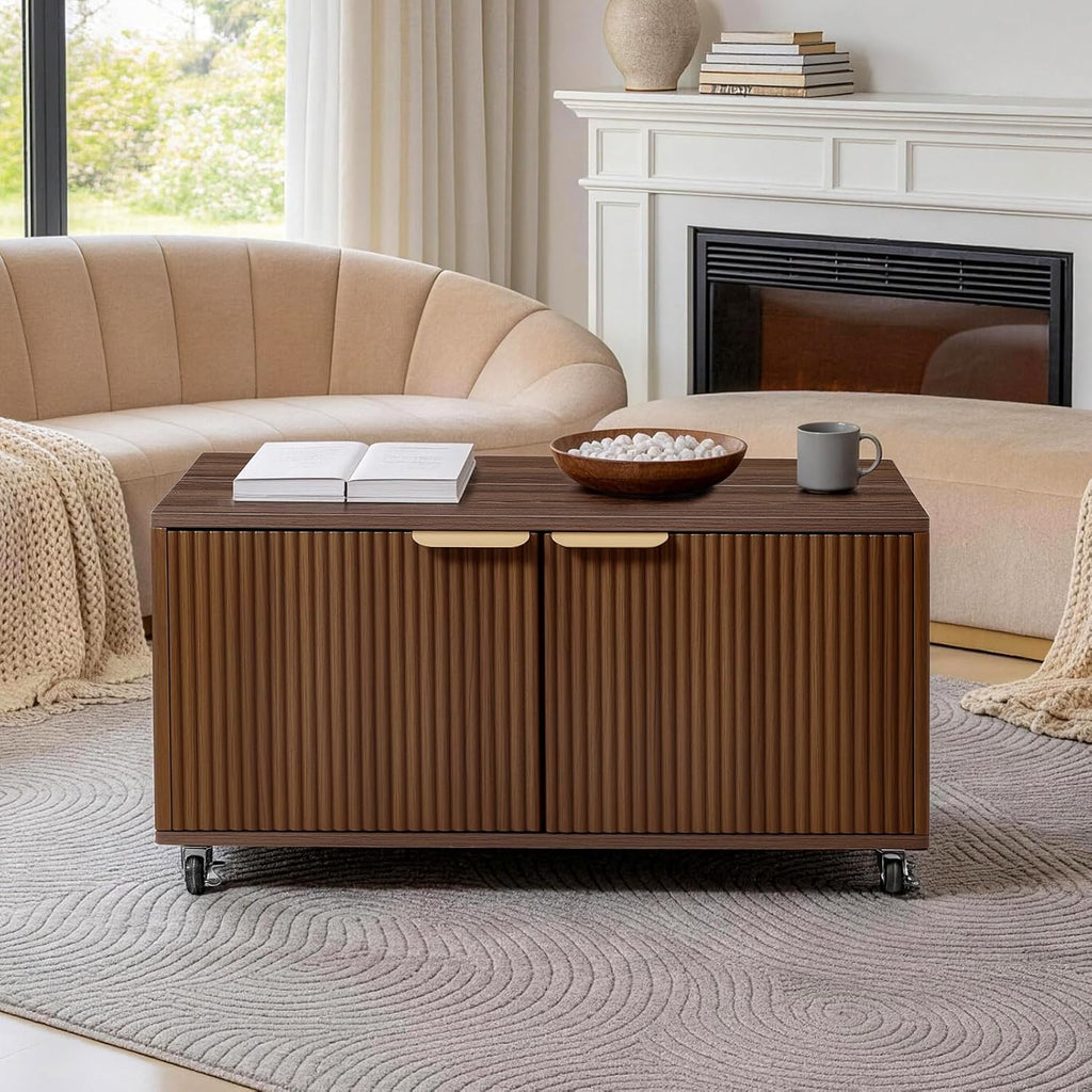 Fluted Lift Top Coffee Table on Wheels, Walnut Storage Coffee Table with Adjustable Height for Living Room, Office