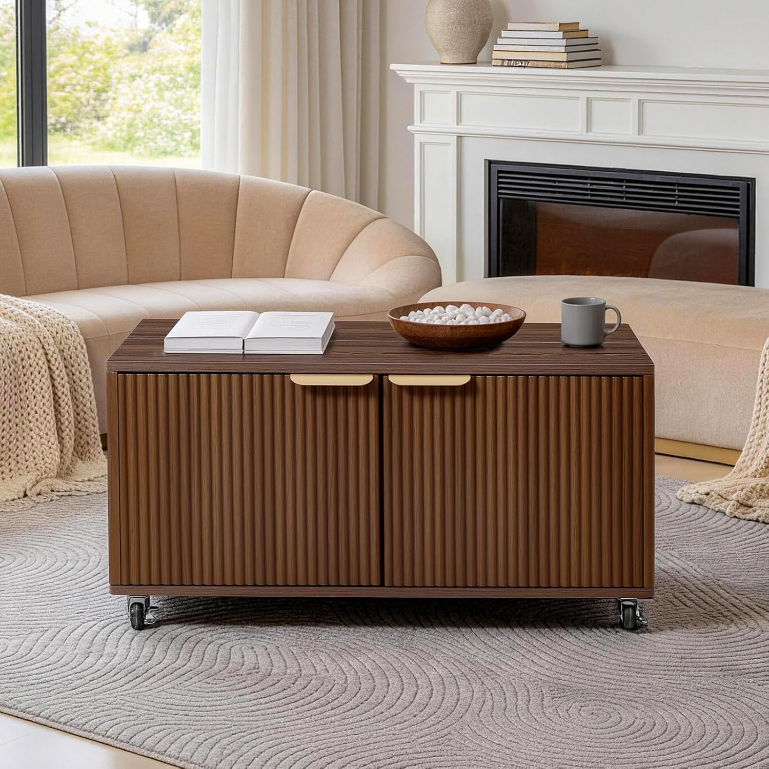 Fluted Lift Top Coffee Table on Wheels, Walnut Storage Coffee Table with Adjustable Height for Living Room, Office