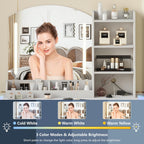 Vanity Desk with Mirror and Lights & Power Outlet, Makeup Vanity Set with Chair & RGB Ambient Light, Girls Vanity Dressing Table with 3 Lighting Modes & Adjustable Brightness for Bedroom, White