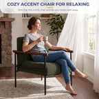 MAXYOYO Living Room Accent Chair, Modern Chair with Sturdy Metal Frame & Wood Armrests, Upholstered Reading Chair with Upholstered Cushion for Bedroom Balcony Porch, Dark Green