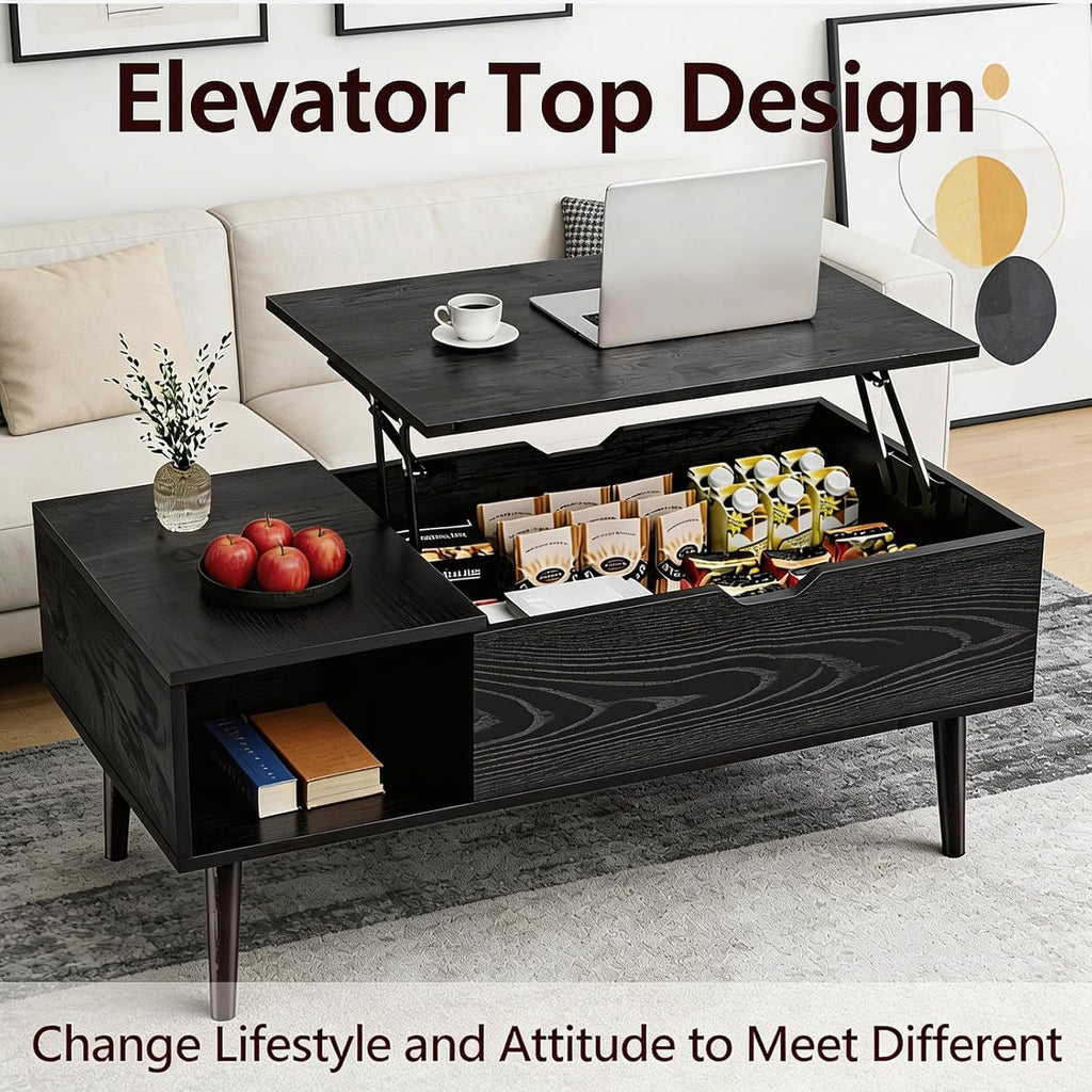 Lift Top Coffee Table, Mid Century Modern Storage Coffee Table, Center Table for Living Room with Hidden Storage and Open Shelving, Suitable for Living Room Tables, Black