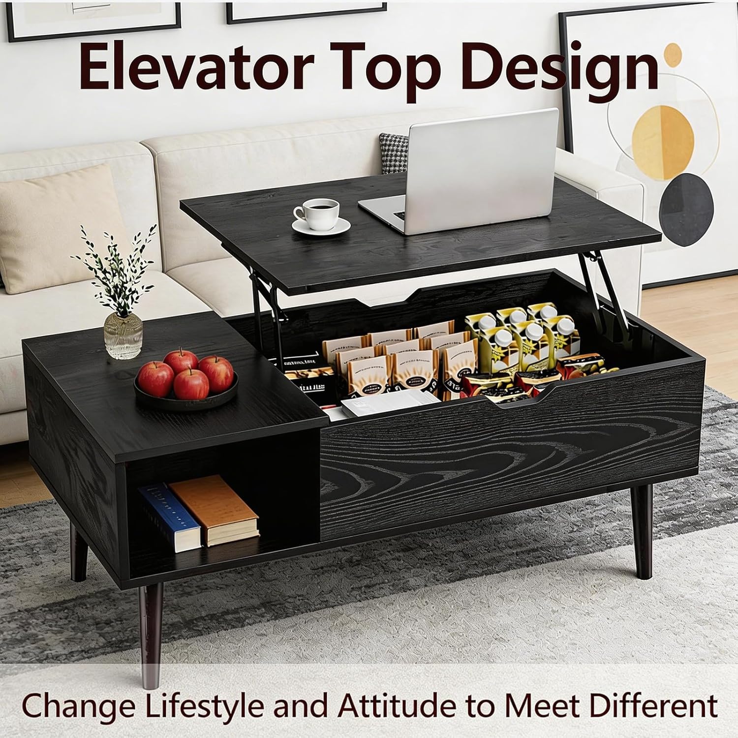 Lift Top Coffee Table, Mid Century Modern Storage Coffee Table, Center Table for Living Room with Hidden Storage and Open Shelving, Suitable for Living Room Tables, Black