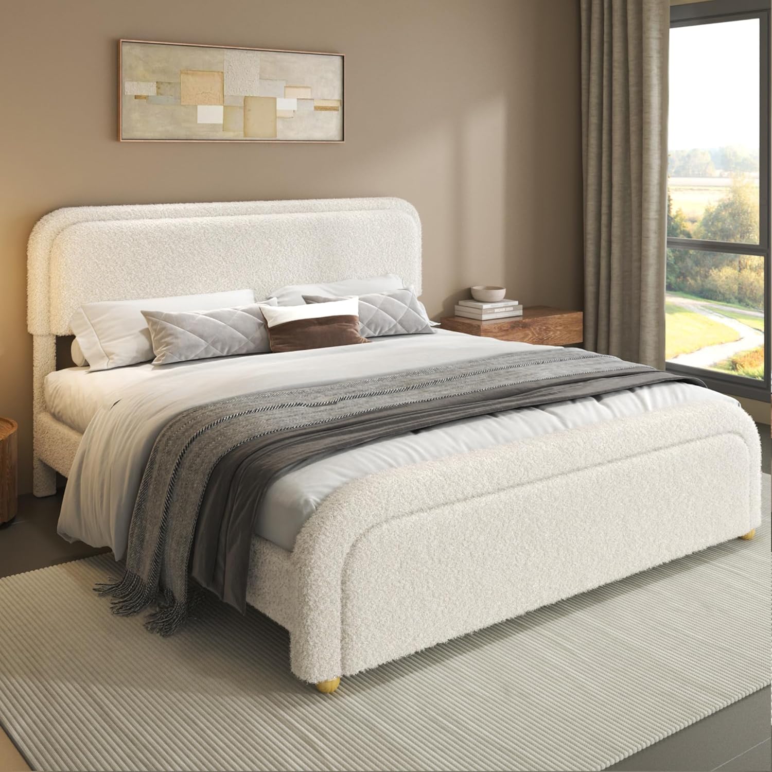 Cloud King Size Bed Frame, Boucle Upholstered Platform Bed with Adjustable Headboard, Anti-Collision Soft Rounded Corners, Metal Support, No Box Spring Required, Noise Free, Easy Assembly, Cream