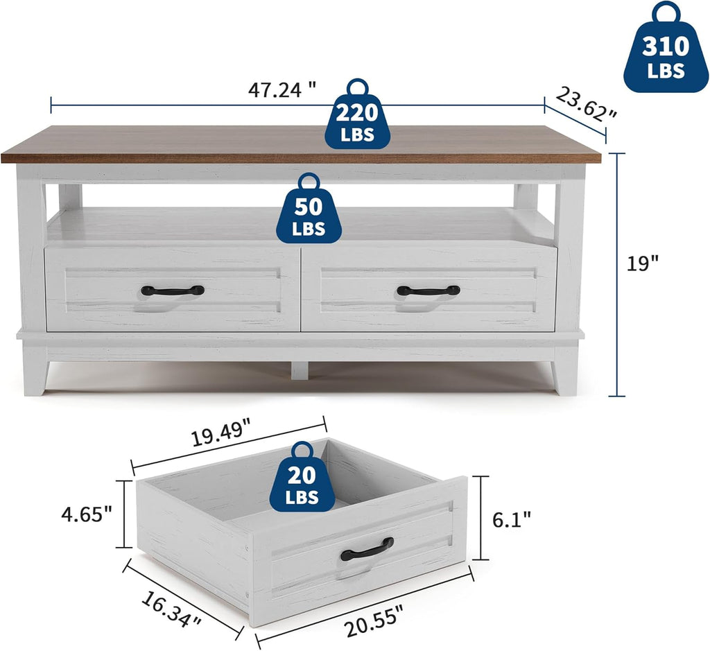 GarveeHome Farmhouse Coffee Table with Drawers, 47.2 in Center Table Rustic Coffee Tables White Brown Living Room Table, with Open Shelf and 6 Support Legs