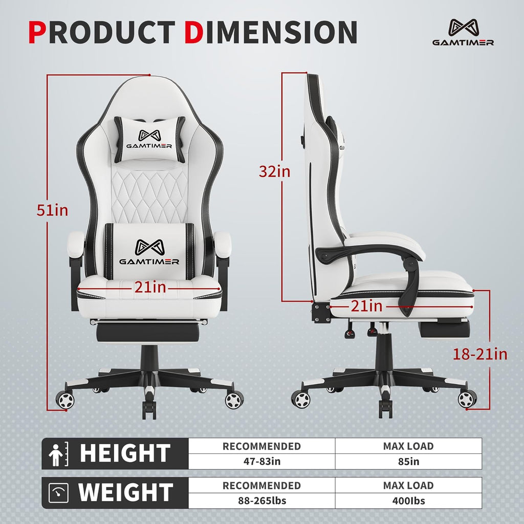Gamtimer Gaming Chair with Footrest, Ergonomic Computer Chair, PU Breathable Material with Headrest and Lumbar Support, Suitable for Silla Gamer and Adults (White)