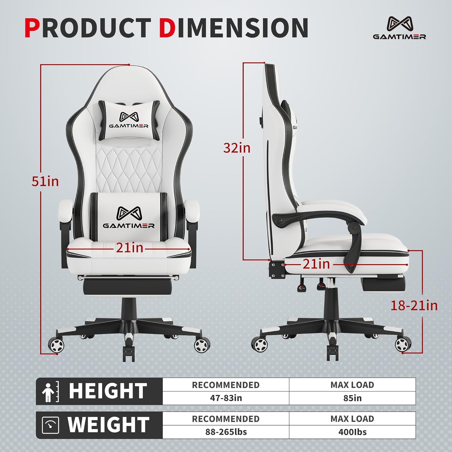 Gamtimer Gaming Chair with Footrest, Ergonomic Computer Chair, PU Breathable Material with Headrest and Lumbar Support, Suitable for Silla Gamer and Adults (White)
