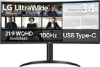 LG 34WR55QK-B 34-inch UltraWide WQHD (3440 x 1440) Curved Computer Monitor  100Hz  5ms  HDR10  Reader Mode  HDMI  DisplayPort  USB Type-C  Tilt/Height Adjustable Stand  Black