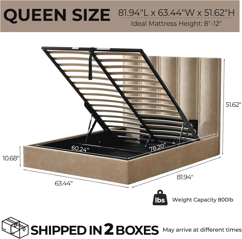 Queen Size Lift Up Storage Bed, Upholstered Platform Bed Frame with Storage Underneath, 51.6'' Tall Vertical Channel Tufted Headboard, Linen-Textured, Hydraulic Support, No Box Spring Needed, Beige