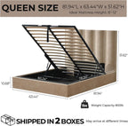 Queen Size Lift Up Storage Bed, Upholstered Platform Bed Frame with Storage Underneath, 51.6'' Tall Vertical Channel Tufted Headboard, Linen-Textured, Hydraulic Support, No Box Spring Needed, Beige