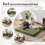 79'' Convertible Sofa Bed, 5-in-1 Folding Corduroy Sleeper Couch with Pull Out Bed, Oversized Modular Floor Sofa, No Assembly, Space-Saving Guest Bed for Apartment Living Room Bedroom (Light Green) | Convertible Sofa Bed