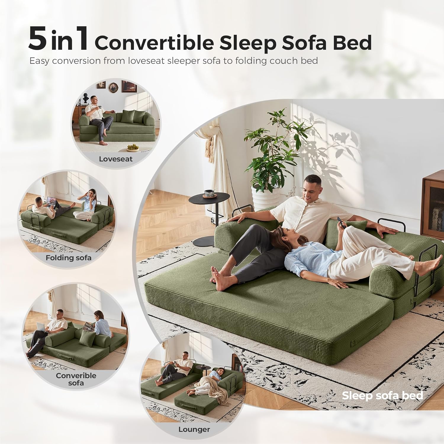 79'' Convertible Sofa Bed, 5-in-1 Folding Corduroy Sleeper Couch with Pull Out Bed, Oversized Modular Floor Sofa, No Assembly, Space-Saving Guest Bed for Apartment Living Room Bedroom (Light Green) | Convertible Sofa Bed