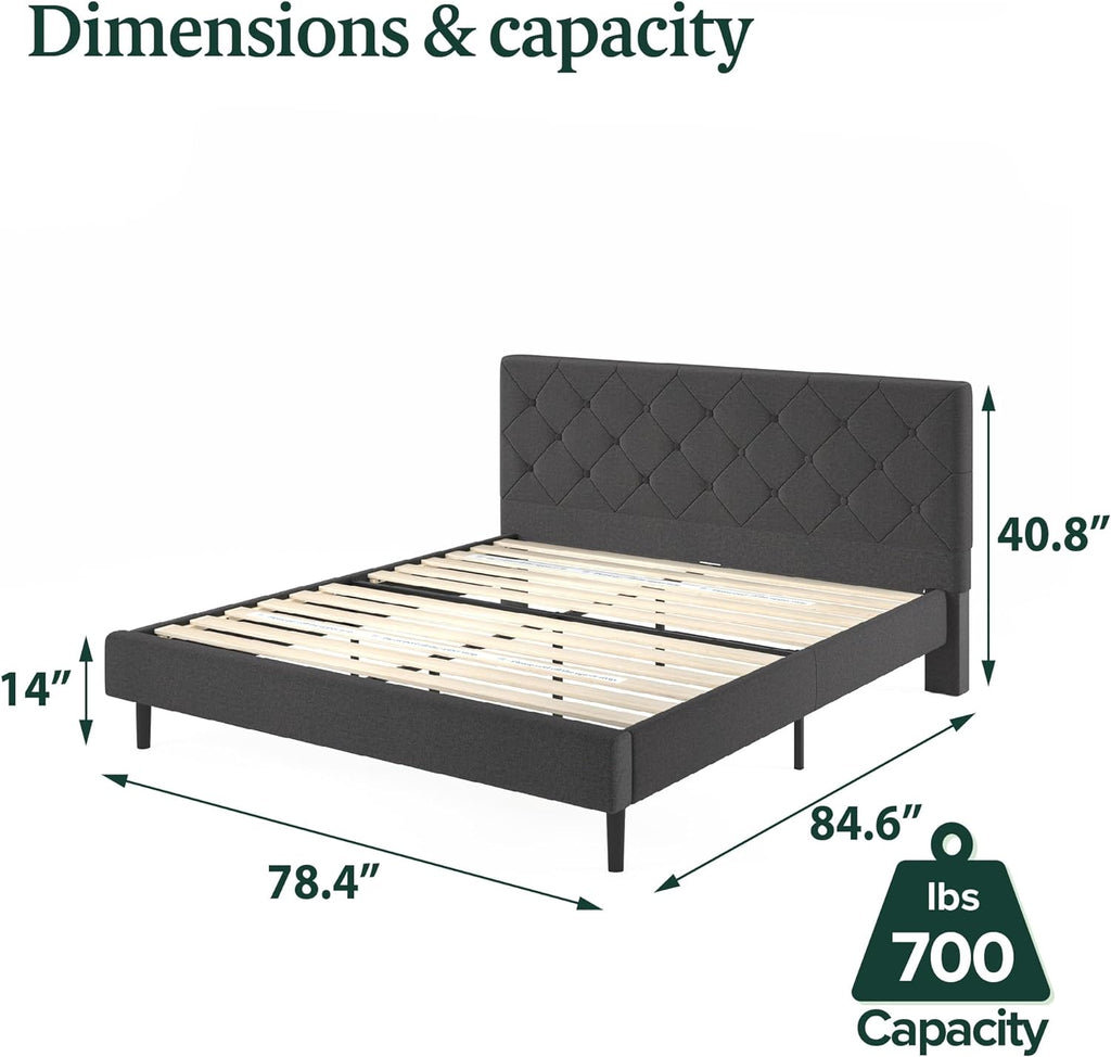 Zinus King Shalini Upholstered Platform Bed Frame with Headboard New WonderBox(TM) Version, Wooden Slat Support, No Box Spring Needed, Easy Assembly, Eco Friendly Packaging, Dark Grey