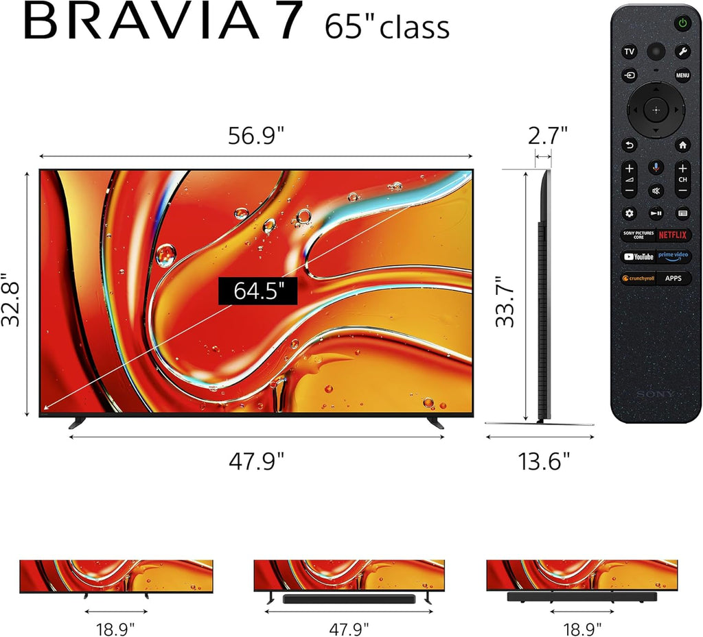 Sony 65 Inch Mini LED QLED 4K Ultra HD TV BRAVIA 7 Smart Google TV with Dolby Vision HDR and Exclusive Features for PlayStation®5 (K-65XR70)