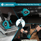 LIBRATON 2in1 Rivet Nut Tool and Rivet Gun Kit Folding, with 11 Mandrels (Metric & SAE) & 5 Nose Pieces (2.4-6.4mm), Includes 100 Nuts & 200 Pop Rivets, Folding Heavy Duty Hand Tool for DIY & Repair
