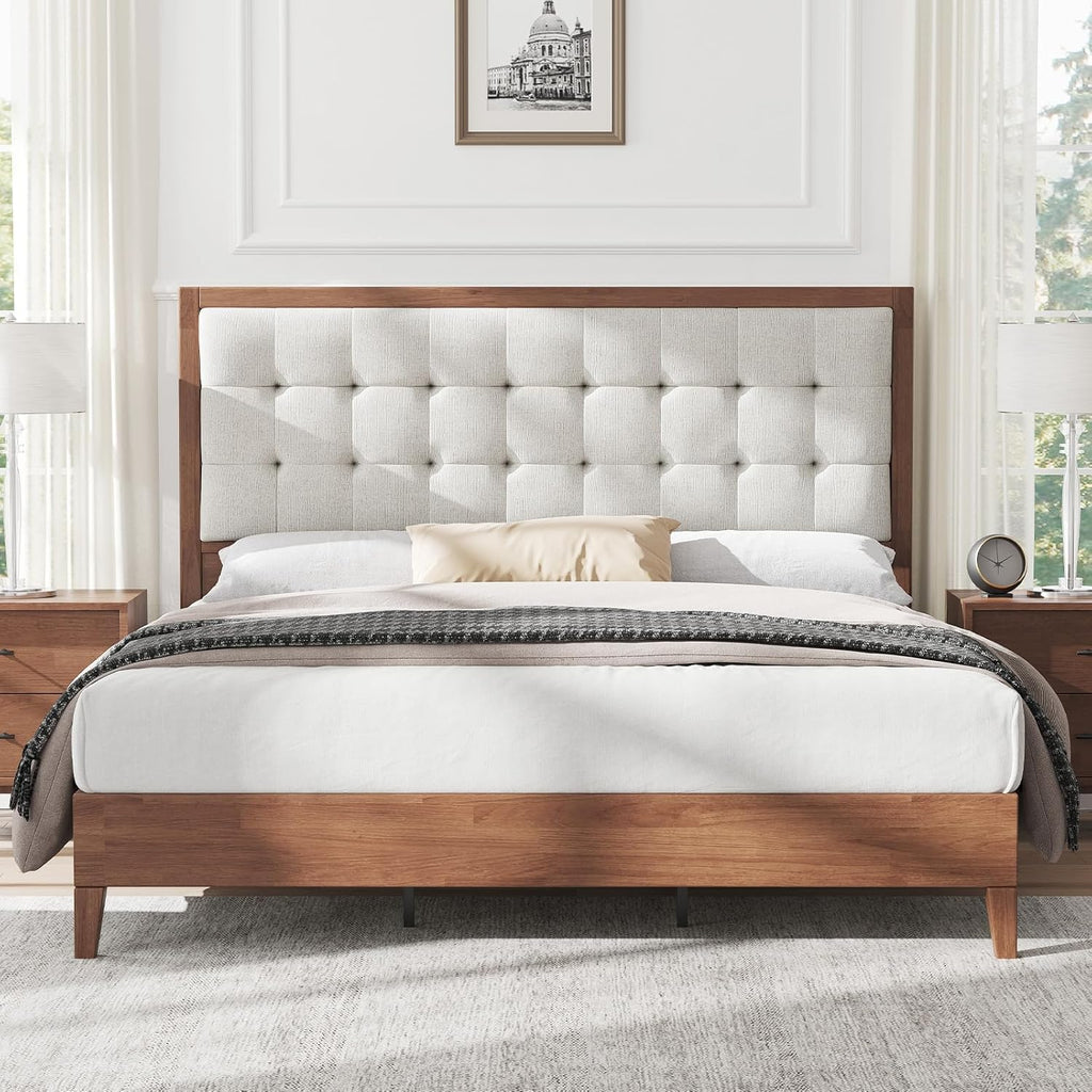 AMERLIFE King Size Bed Frame and Headboard, Solid Wooden Bed Frame King Size Platform Bed Frame Mid-Century Style, No Box Spring Required, Walnut | Back Support, Noise-Free, Easy Care, Sturdy Frame, Breathable Material
