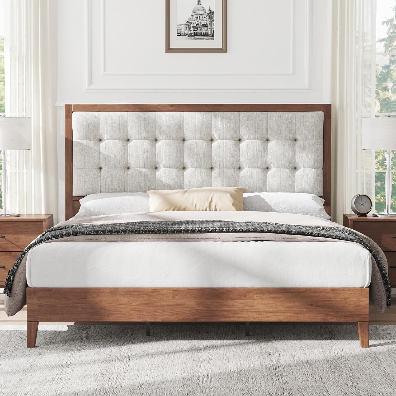 AMERLIFE King Size Bed Frame and Headboard, Solid Wooden Bed Frame King Size Platform Bed Frame Mid-Century Style, No Box Spring Required, Walnut | Back Support, Noise-Free, Easy Care, Sturdy Frame, Breathable Material