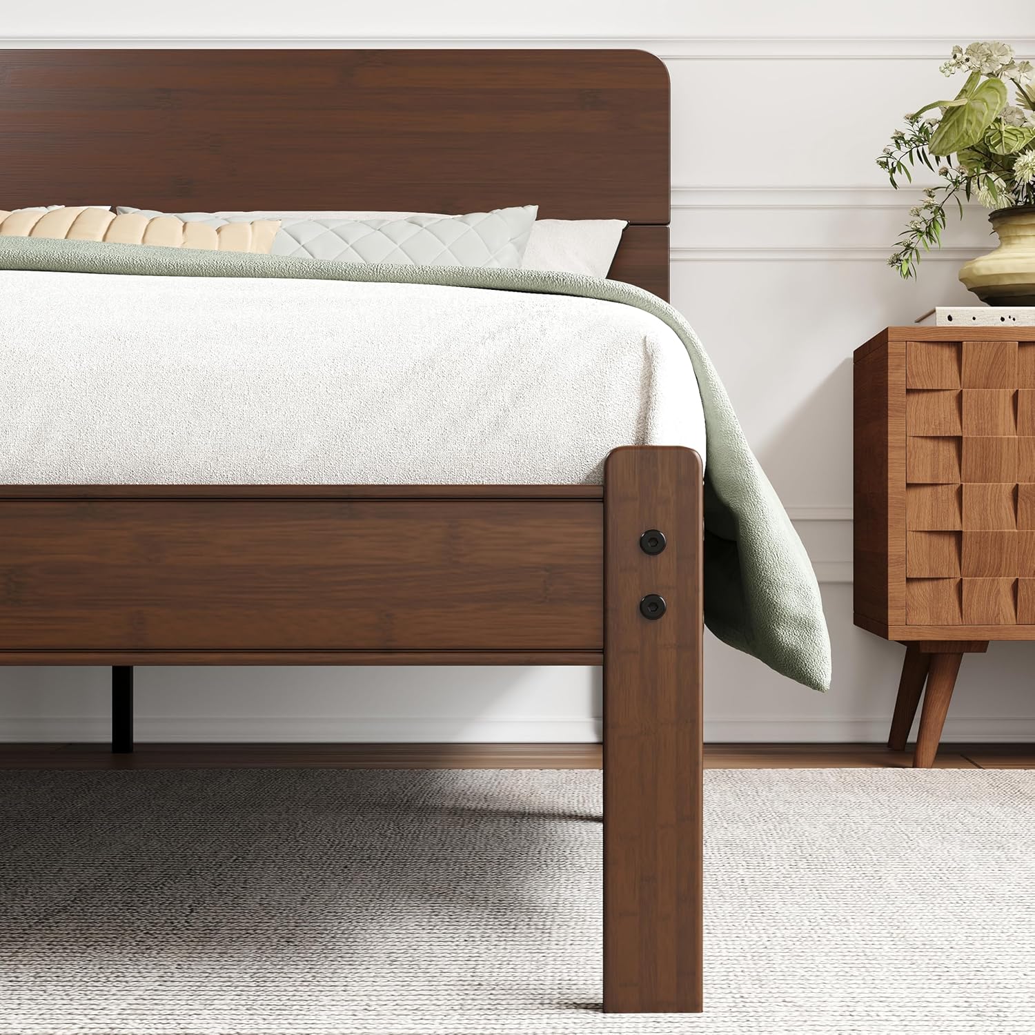 14in High Solid Bamboo Wood Platform Queen Size Bed Frame with Headboard, Reinforced Heavy Duty Metal Slats, Noise Free, No Box Spring Needed, Easy Assembly, Walnut