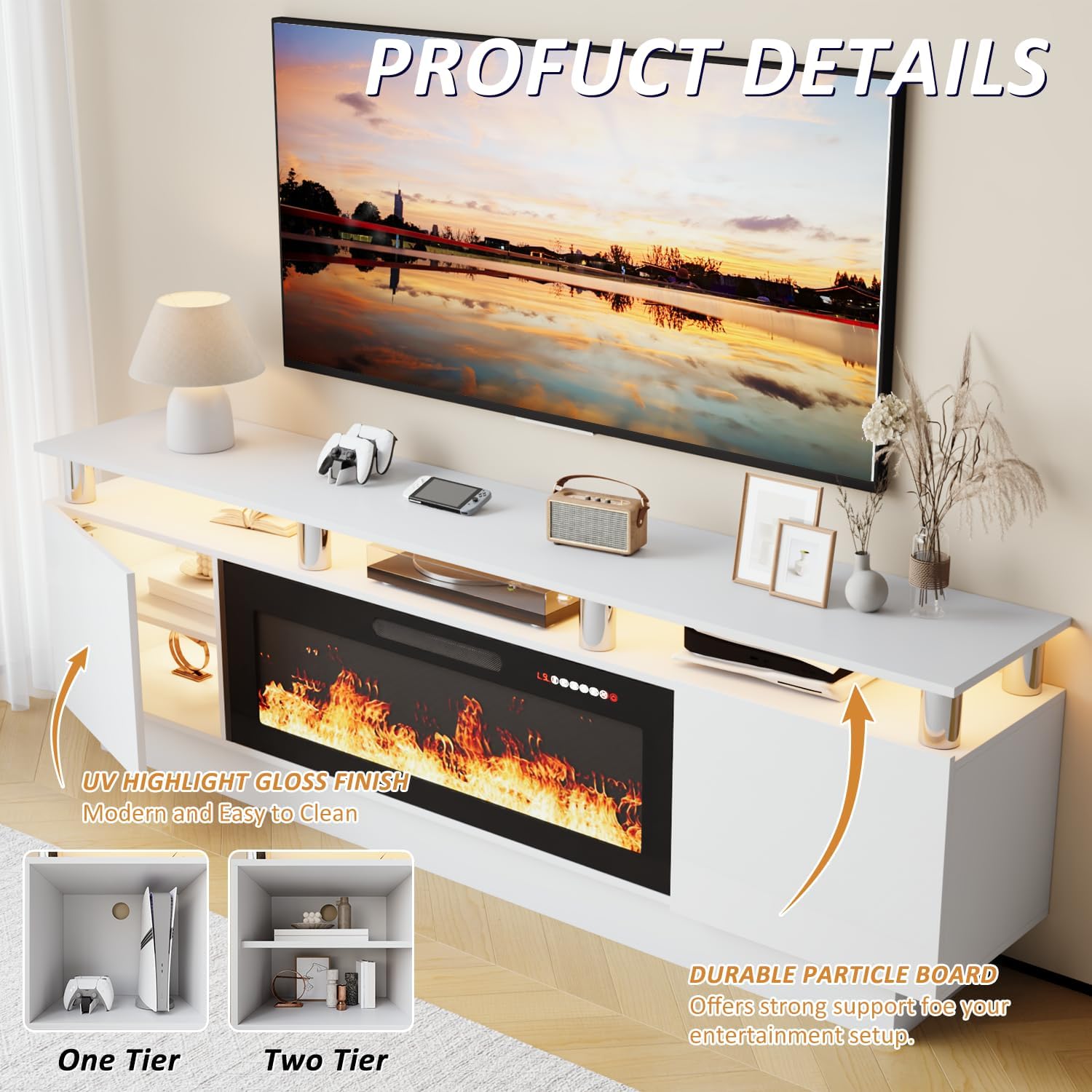 LEMBERI 70 Inches Fireplace TV Stand for TVs up to 80 Inches with 36'' Electric Fireplace & Remote, Modern Entertainment Center with Luxury LED Light,Woodeen TV Console for Living Room