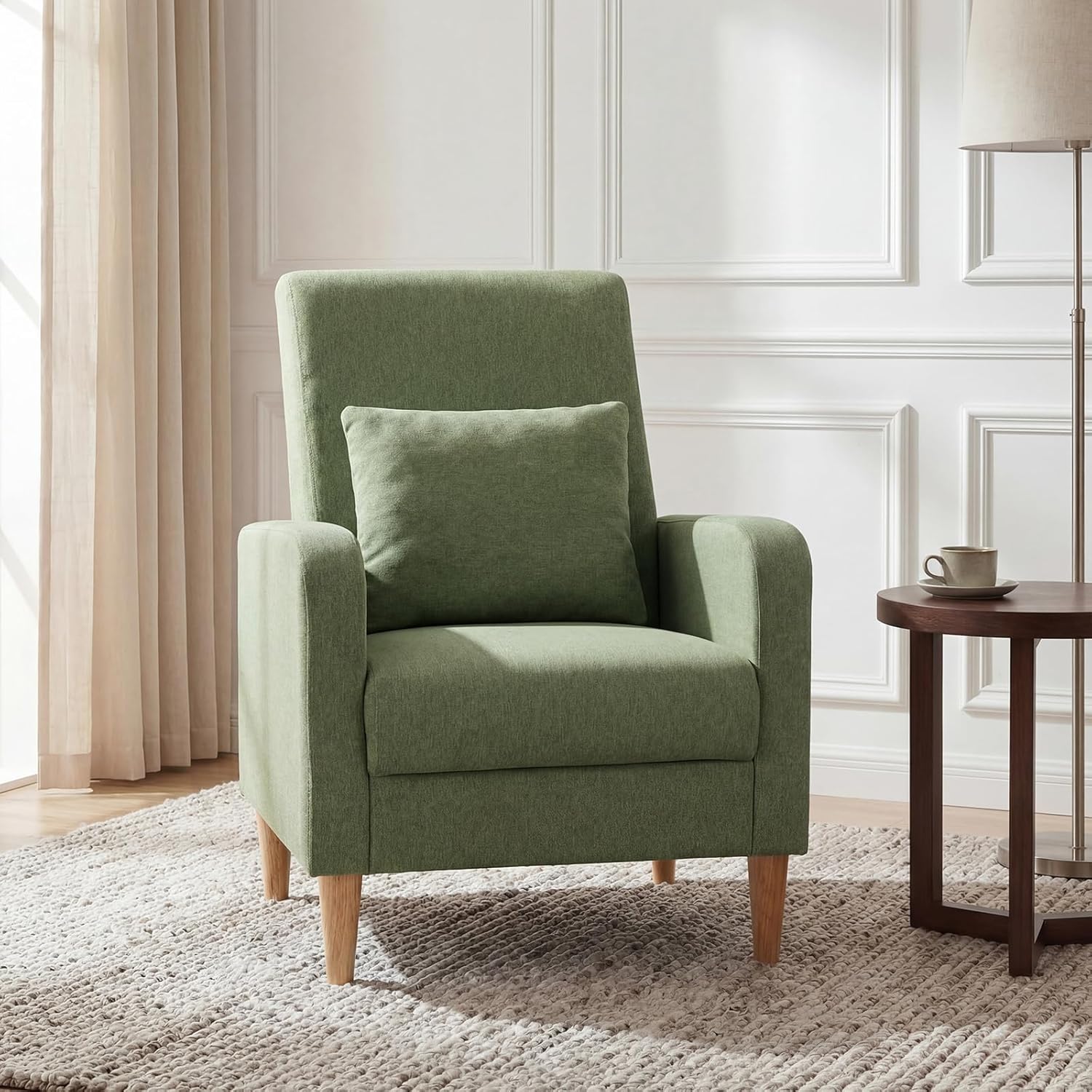 COLAMY Mid-Century Modern Upholstered Accent Chair with Back Pillow & Solid Wood Legs, Fabric Cozy Armchair for Living Room, Bedroom, Reading Nook, Apartment & Small Spaces, Green