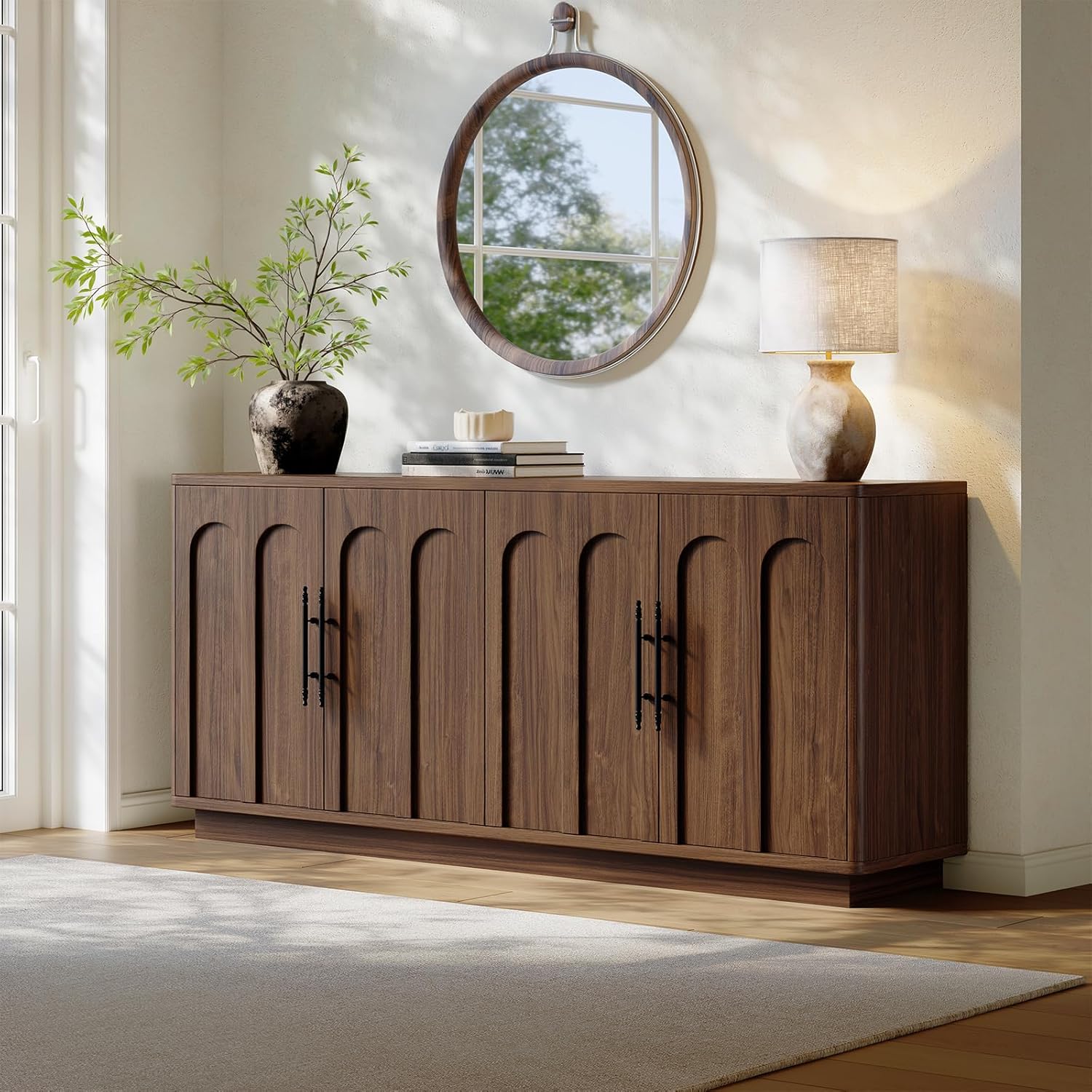 Evermagin 67" Arched Walnut Buffet Cabinet with Storage, Large Credenza with 4 Doors, Wood Mid Century Modern Sideboard for Kitchen and Living Room (67"*31.5"*15.7")